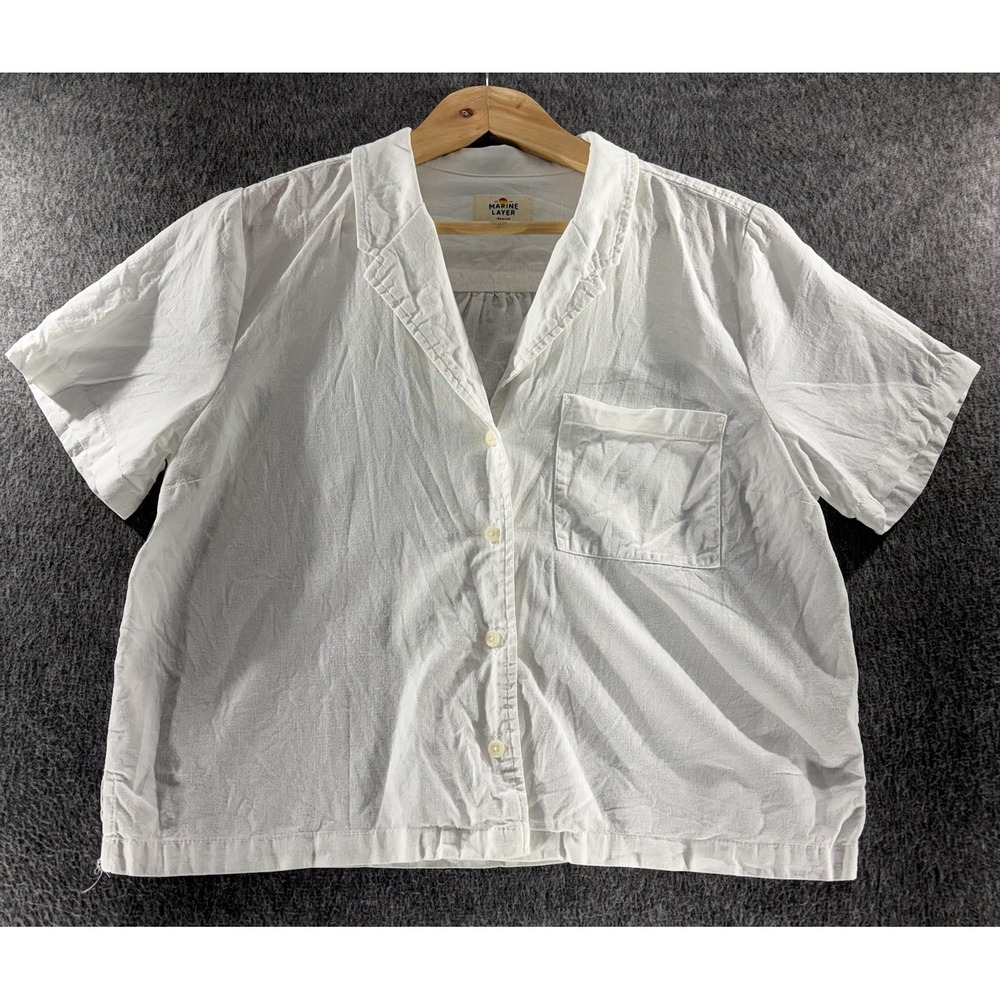 Marine Layer Shirt Women M Hemp Blend White Short Sleeve Button Up Collared